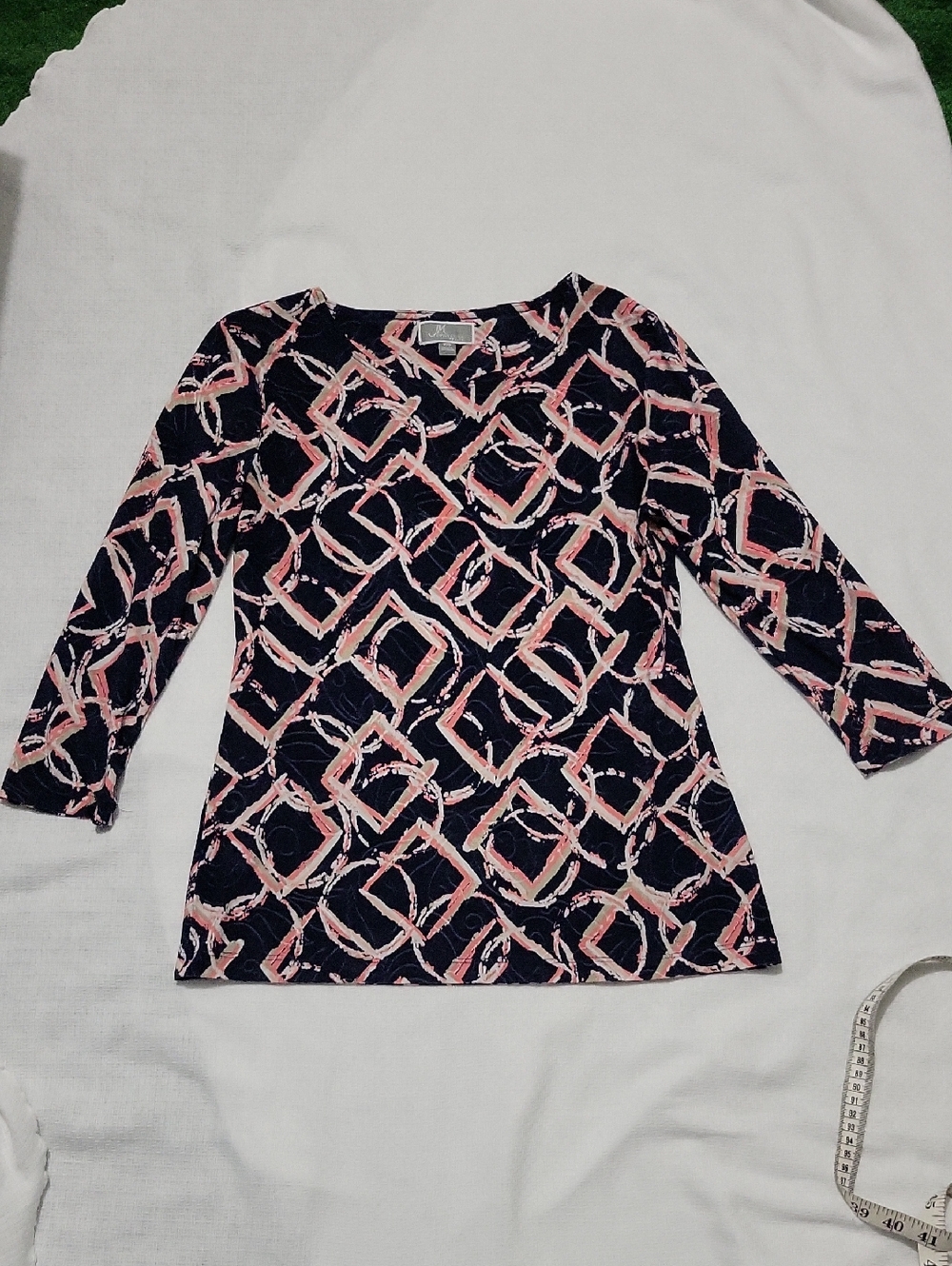 JM Collection Navy Blue Pink 3/4 Sleeve Top Blouse Petite Small